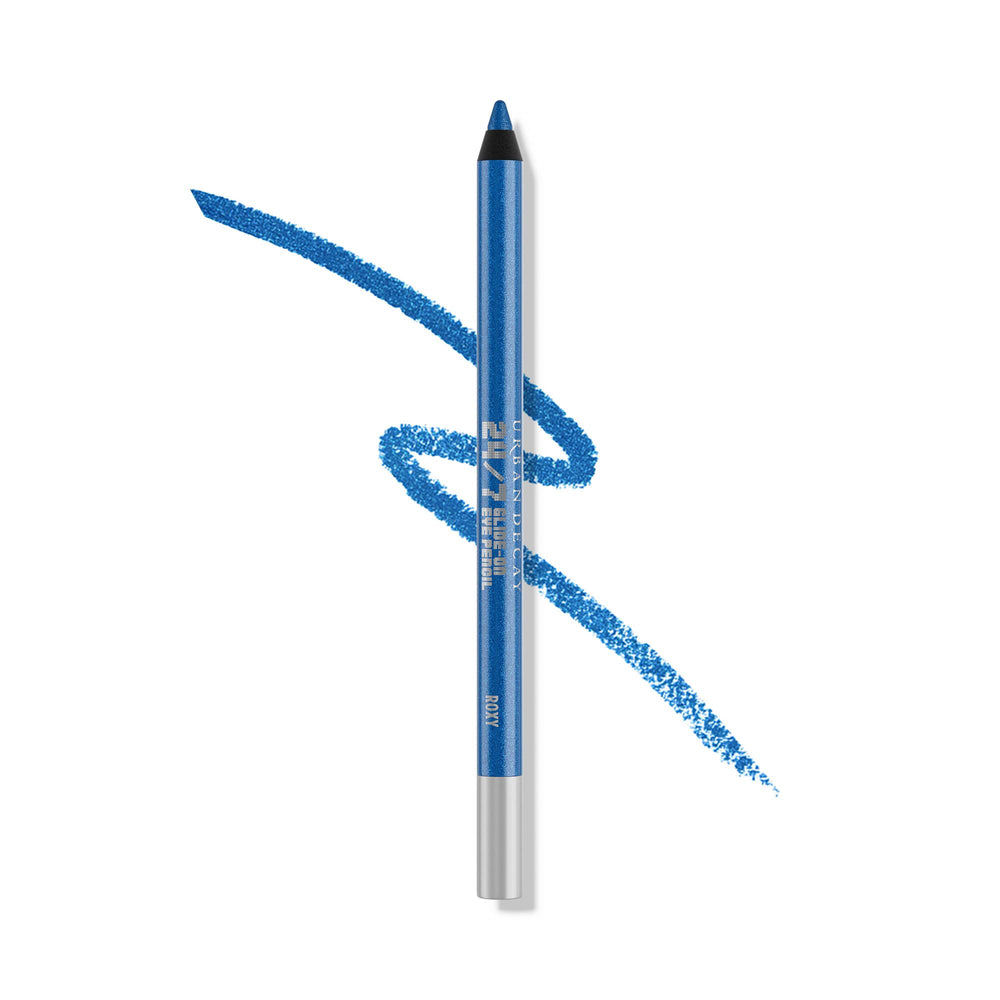 URBAN DECAY 24/7 Glide-On Eyeliner in Roxy swatch shows metallic blue glitter for bold daytime looks.