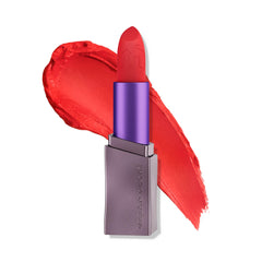 URBAN DECAY Vice Hydrating Lipstick Elote swatches reveal bright coral orange with creamy, hydrating finish