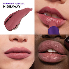 Urban Decay Vice Hydrating Lipstick Hideaway swatch on arm shows creamy nude shade.
