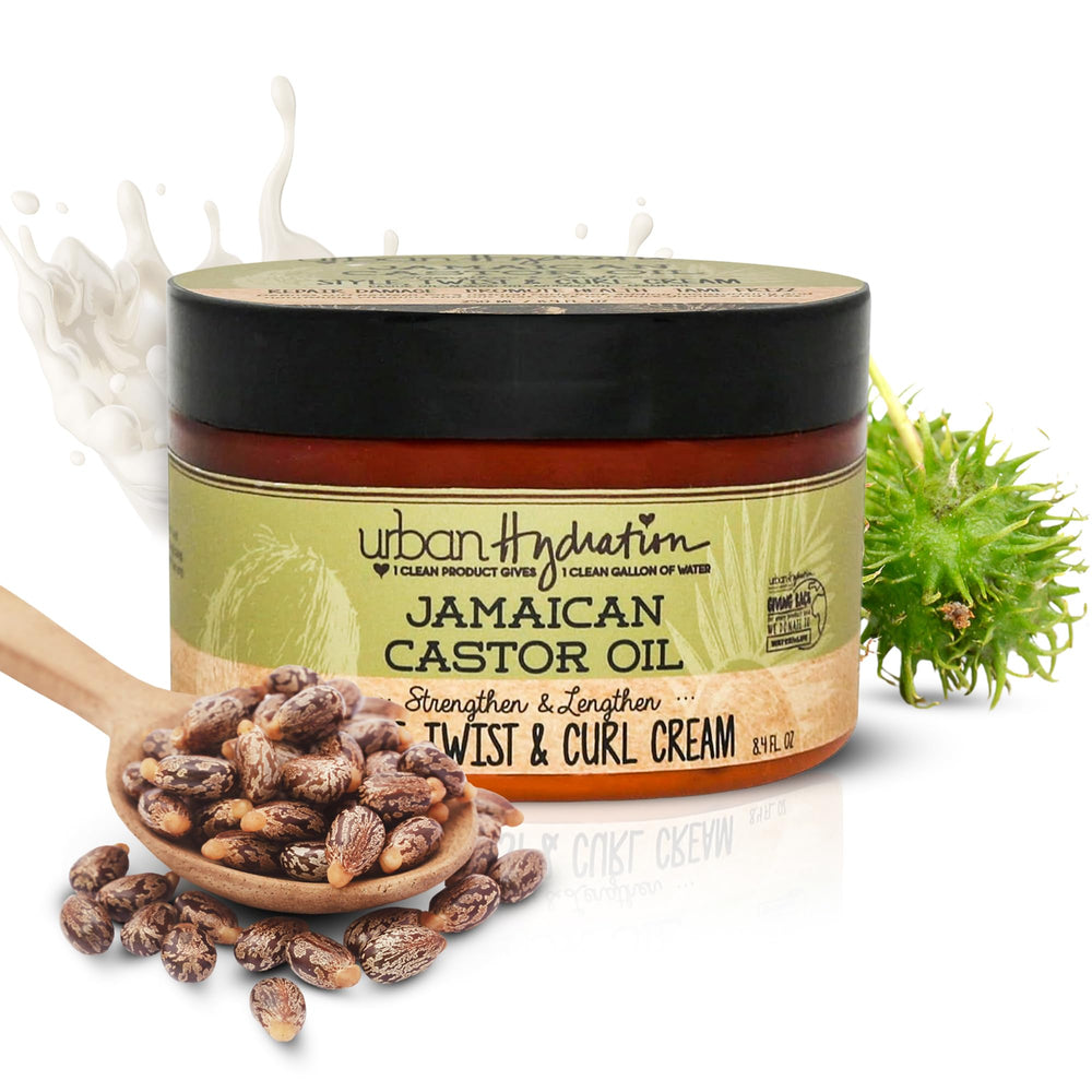 Urban Hydration Jamaican Castor Oil Curl Cream bottle pour for defined curls and moisture