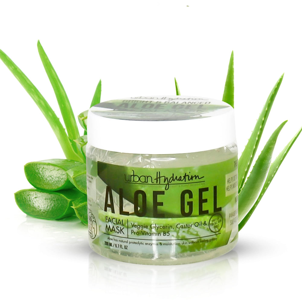Urban Hydration Bright & Balanced Aloe Vera Leaf Gel Mask packaging shows clean, natural ingredients for all skin types.
