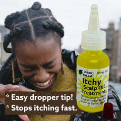 Urban ReLeaf Itchy Scalp Oil Treatment being applied to scalp for itch relief.
