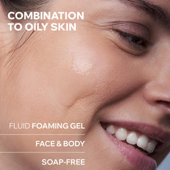 Uriage Hyseac foaming gel hand-application demonstrates gentle lather for face and body.