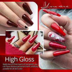 UR SUGAR six red gel polishes in displayed bottles for color choice.