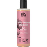 Urtekram Colour Preserve Wild Rose bottle shows color protection for vibrant hair.