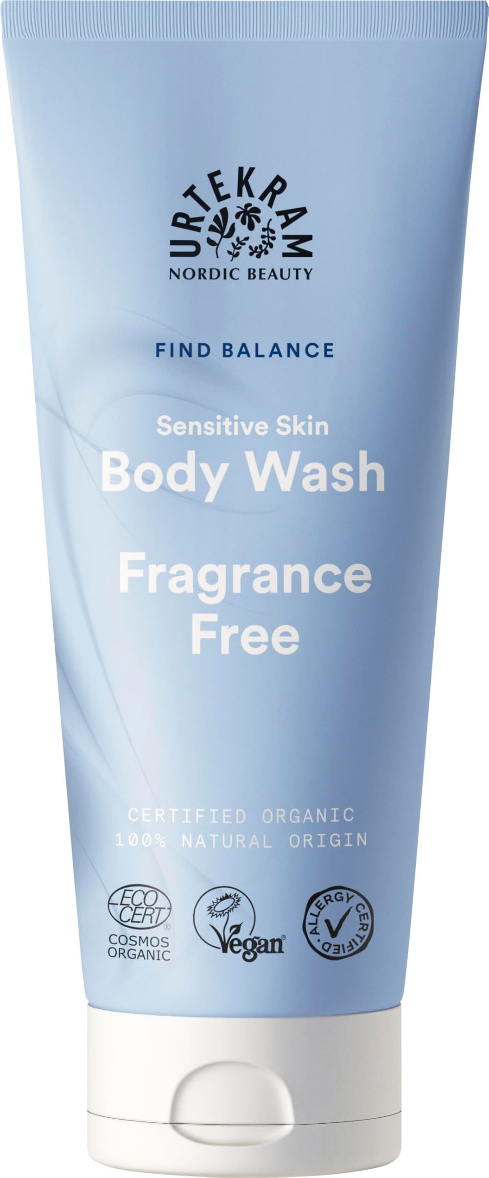 Urtekram No Perfume Shower Gel bottle front view, gentle plant-based cleanser for all ages.