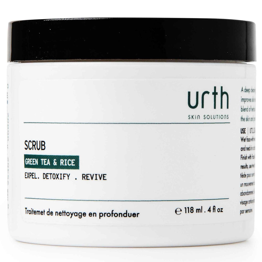 Urth Skin Solutions for Men Exfoliating Scrub closeup on green tea rice texture for deep cleansing