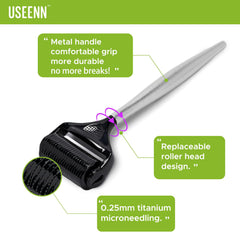 Useenn Ultra Wide Derma Roller with weighted metal handle for precise control.