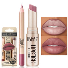 USHAS 2in1 lipstick with dual heads for precise lip lining before applying color.