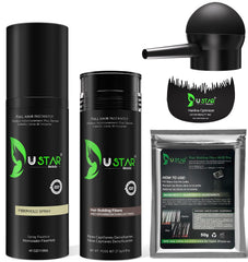 USTAR hair-building fibers in a 27.5g bottle blend seamlessly for a fuller look.