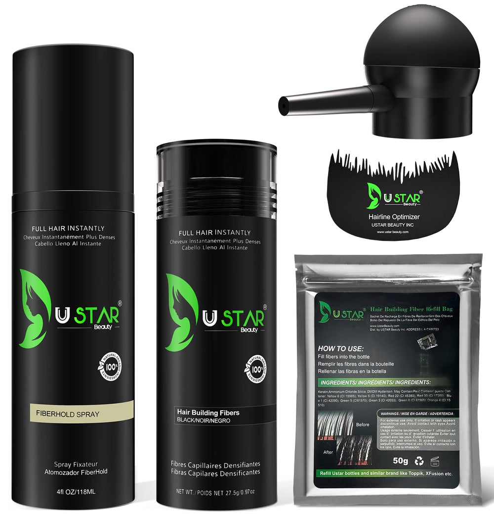 USTAR Hair Fibers jar close-up for natural thickness and easy blend.