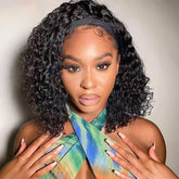 Usweety headband wig on model with curly short deep wave for a natural look