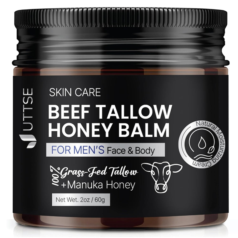 Uttse beef tallow balm jar closeup; rich texture for sensitive skin