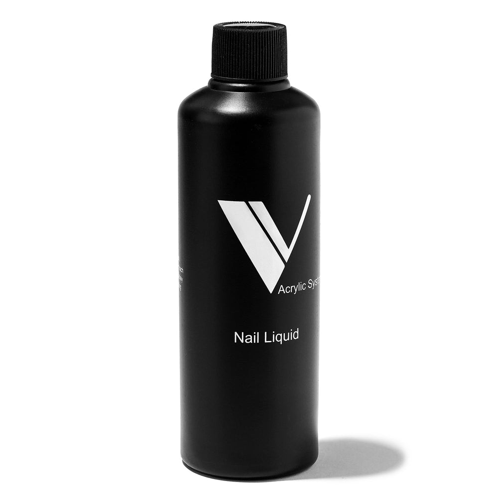 V Beauty Pure monomer liquid bottle closeup for smooth, bubble-free acrylic applications.