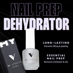 Close-up of V Beauty Pure Dehydrator drops removing oils from the nail.