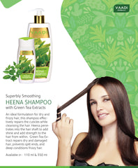Vaadi Herbals Heena shampoo being applied showing frizz control and shine