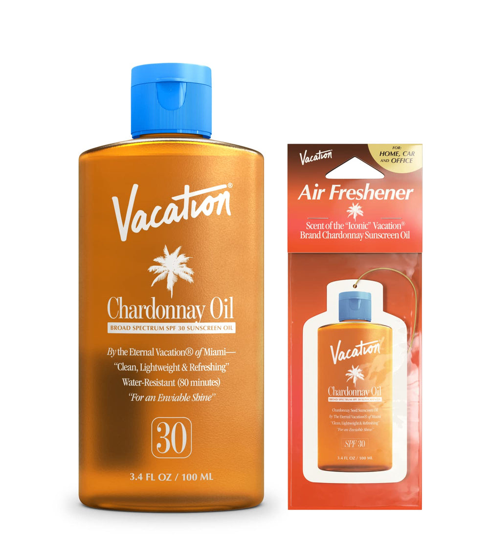 Vacation Chardonnay Oil SPF30 bottle showing lightweight, invisible protection for all skin tones.