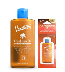 Vacation Chardonnay Oil SPF30 bottle showing lightweight, invisible protection for all skin tones.