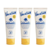 VACATION Classic Sunscreen Lotion SPF 50 pack shot highlighting travel-friendly value set