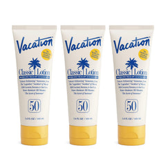 VACATION Classic Sunscreen Lotion SPF 50 pack shot highlighting travel-friendly value set