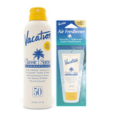 Vacation Classic sunscreen spray bottle shows a transparent finish for all skin tones.