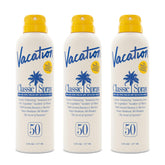 Vacation Classic Sunscreen Spray SPF 50 bottle front shows a transparent finish on skin