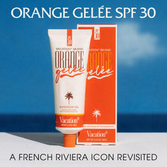 Vacation Orange Gelée SPF 30 label indicates mineral-oil-free sun protection.