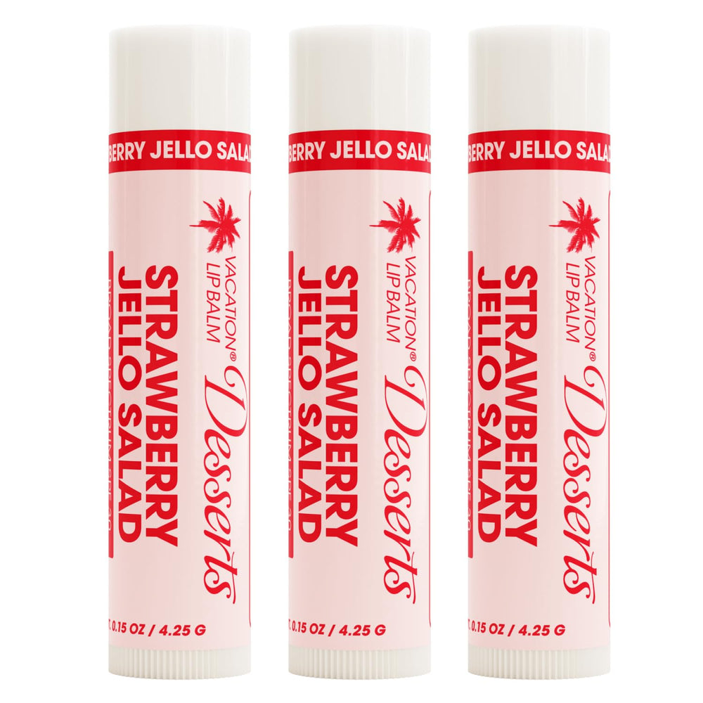 Vacation Strawberry Jello Salad lip balm trio with SPF 30 protecting lips while hydrating.