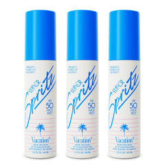 Vacation Super Spritz SPF 50 face mist bottle with clear label and spray cap for easy application