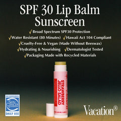 Vacation water-resistant SPF 30 lip balm ideal for outdoor use.