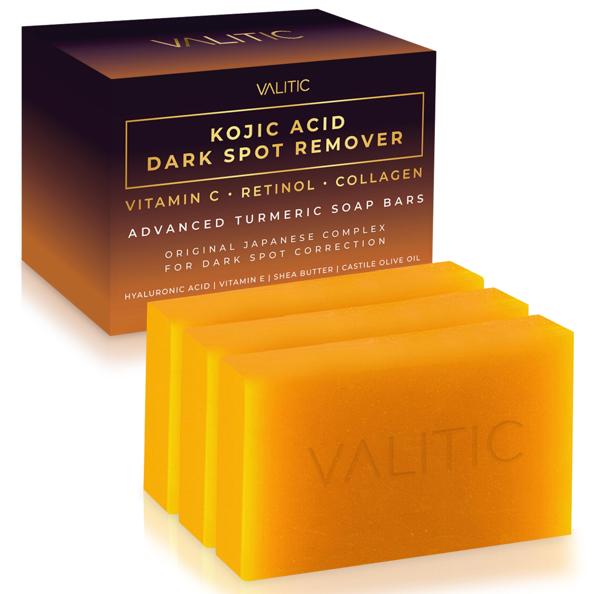VALITIC Kojic Acid Dark Spot Remover Soap Bar promotes an even skin tone for daily cleansing.