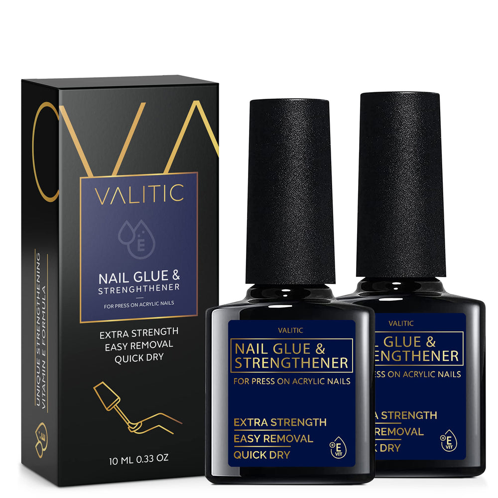 VALITIC Strong Nail Glue bottle close-up, quick hold for acrylic nails.