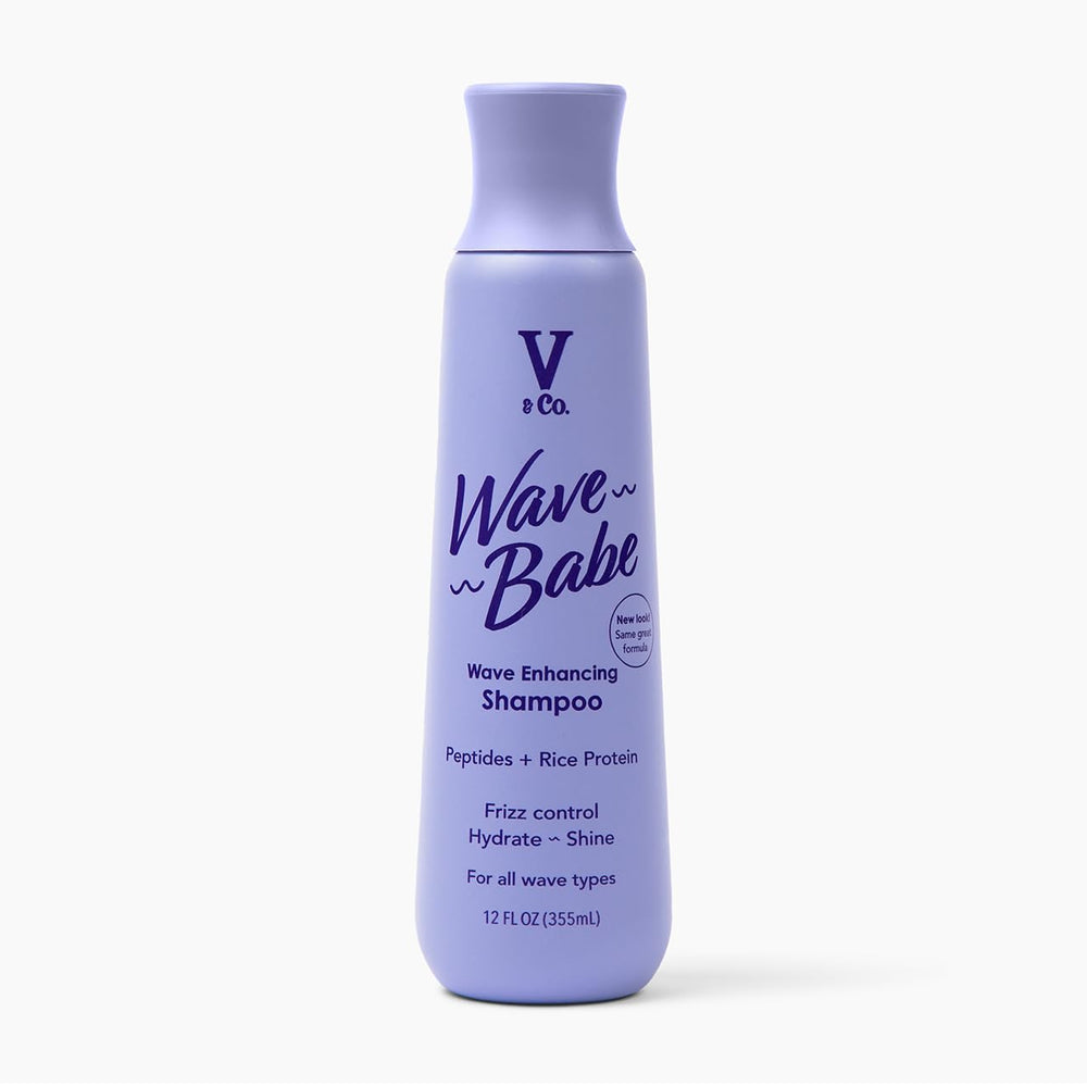 V&Co Wave Babe shampoo bottle front, sleek design for hydrated, defined waves.