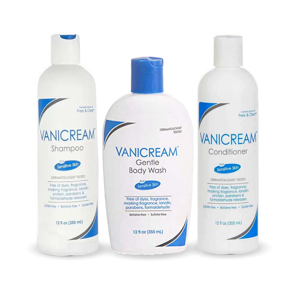 Vanicream Free and Clear shampoo bottle on bathroom shelf for sensitive skin.