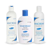 Vanicream Free and Clear shampoo bottle on bathroom shelf for sensitive skin.