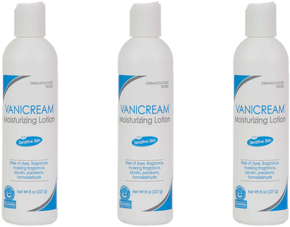 Vanicream Moisturizing Lotion 8oz bottle front emphasizes lightweight, fragrance-free hydration