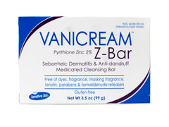 Vanicream Z-Bar close-up showing 2% pyrithione zinc for scalp relief.