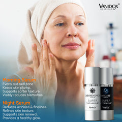 VANIDOX morning serum bottle close-up emphasizing protection and hydration.