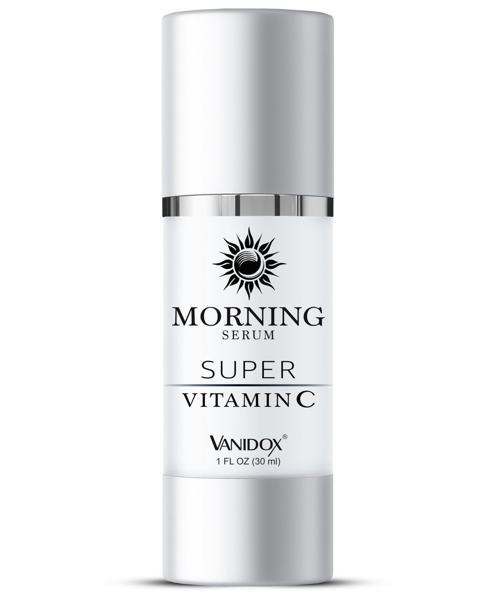 VanidoX Super Vitamin C Serum bottle closeup highlighting hydration benefits.