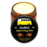 Vanman’s Tallow and Honey Balm jar on counter, rich hydration for dry skin.