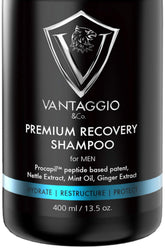 Vantaggio & Co. Hair Loss Shampoo bottle closeup, potentially supporting fuller look