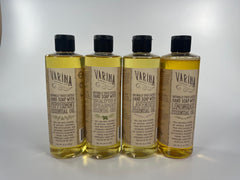 Varina Castile Soap lavender bottle close-up for soothing scent.