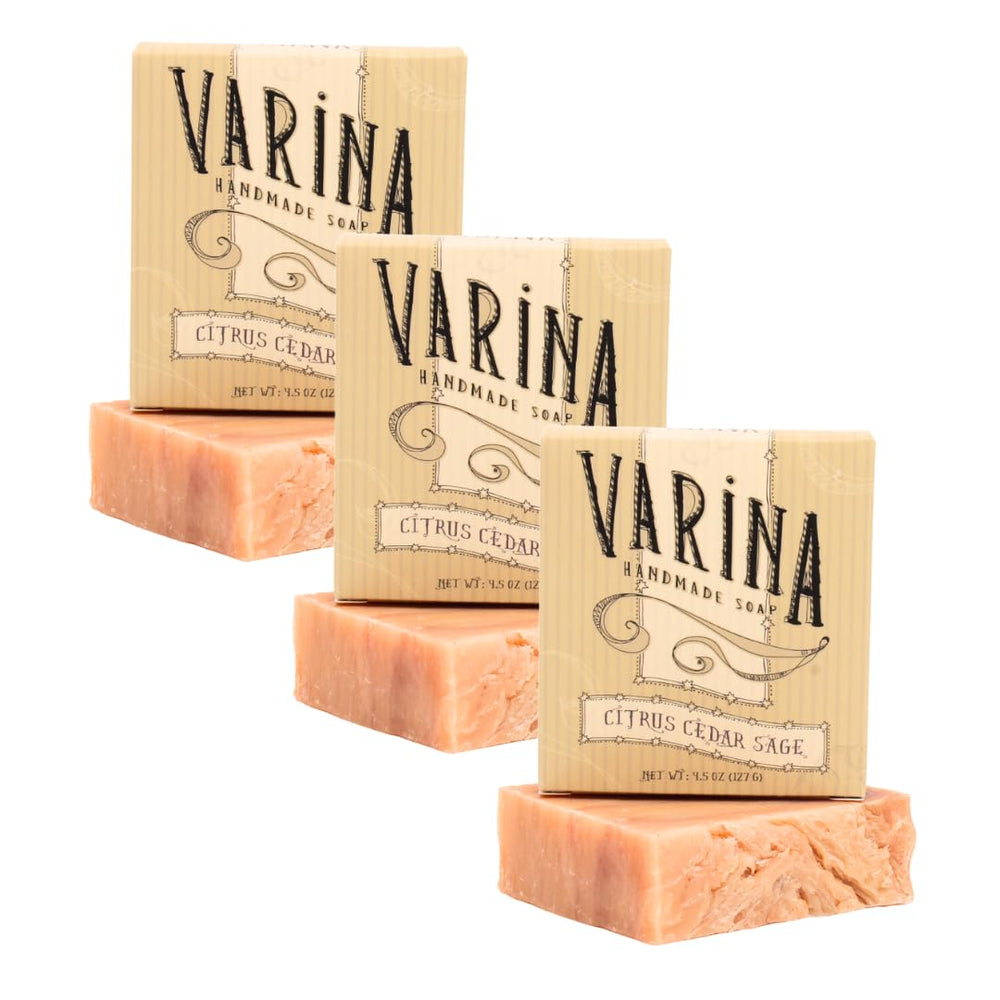 Varina Citrus Cedar Sage Bar Soap front label showing natural ingredients and purity