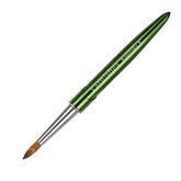 varnishea Kolinsky nail brush close-up with green metal handle for precise acrylic application.