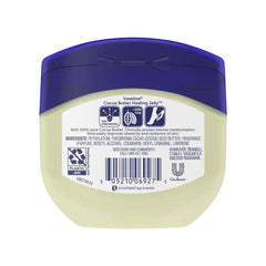Vaseline Cocoa Butter Petroleum Jelly jar side view ideal for dry skin relief and barrier support.