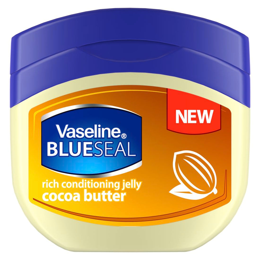 Vaseline Cocoa Butter Rich Conditioning Jelly bottle on a bathroom shelf for daily moisture.