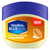 Vaseline Cocoa Butter Rich Conditioning Jelly bottle on a bathroom shelf for daily moisture.
