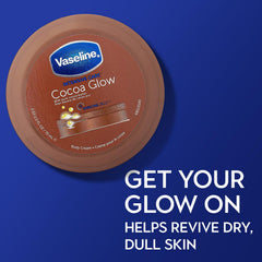Vaseline Cocoa Glow bottle dispensing close-up shows fast-absorbing texture