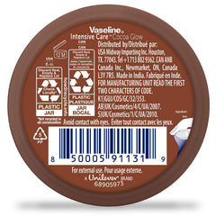 Vaseline Cocoa Glow cream jar close-up highlighting cocoa butter formula for deep hydration