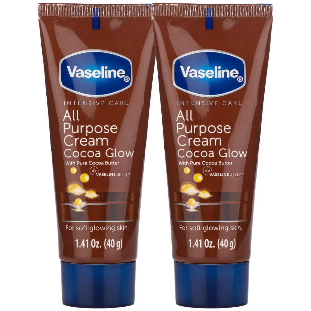 Vaseline Cocoa Glow travel cream two-pack for ultra-dry skin hydration on the go.